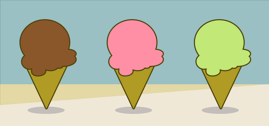 ice cream colors - a row of ice cream and cones with different flavors